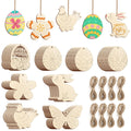 Collection of unfinished wooden Easter ornaments and hemp cords, featuring eggs, flowers, chickens, bunnies, and butterflies.