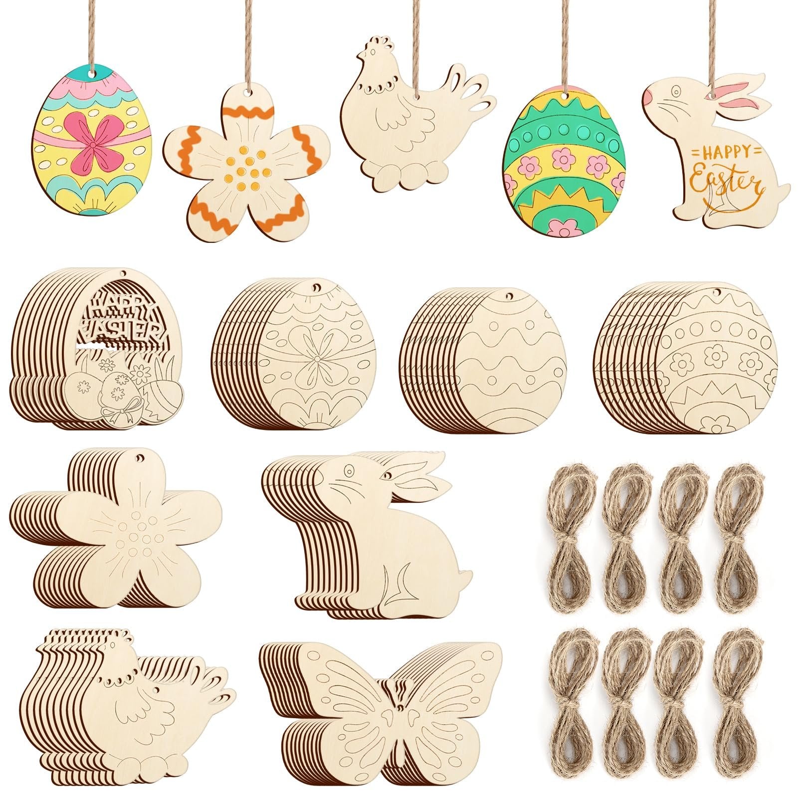 Collection of unfinished wooden Easter ornaments and hemp cords, featuring eggs, flowers, chickens, bunnies, and butterflies.