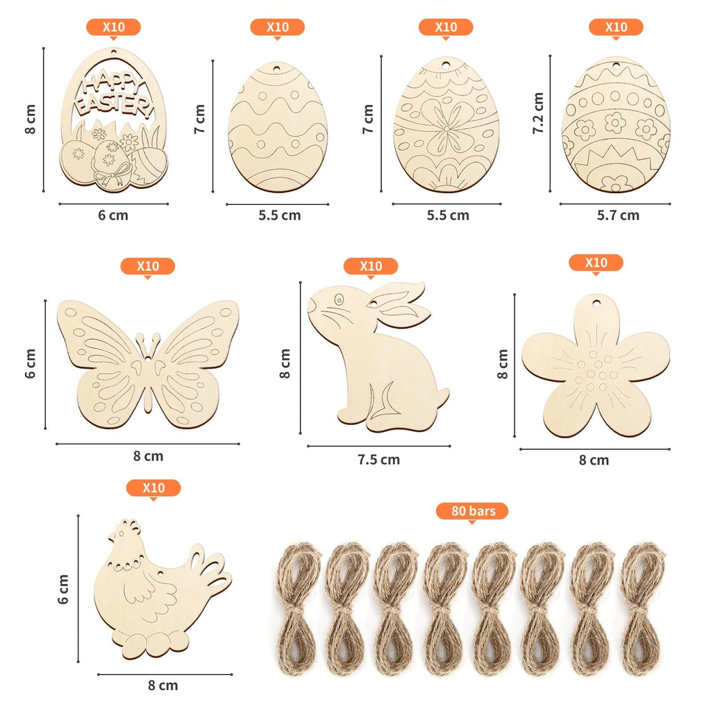 Set of unfinished wooden Easter ornaments including eggs, a butterfly, a bunny, a flower, a chicken, and hemp cords, with dimensions shown.