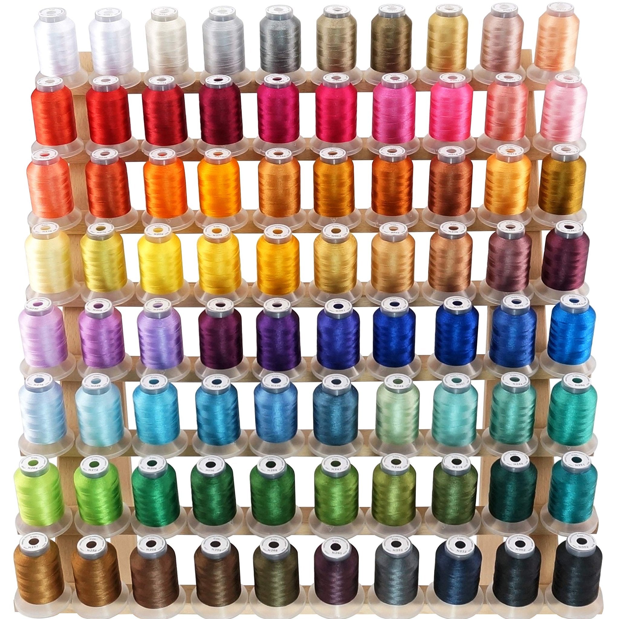 80 spools of assorted color embroidery thread arranged on a wooden rack, viewed from the front.