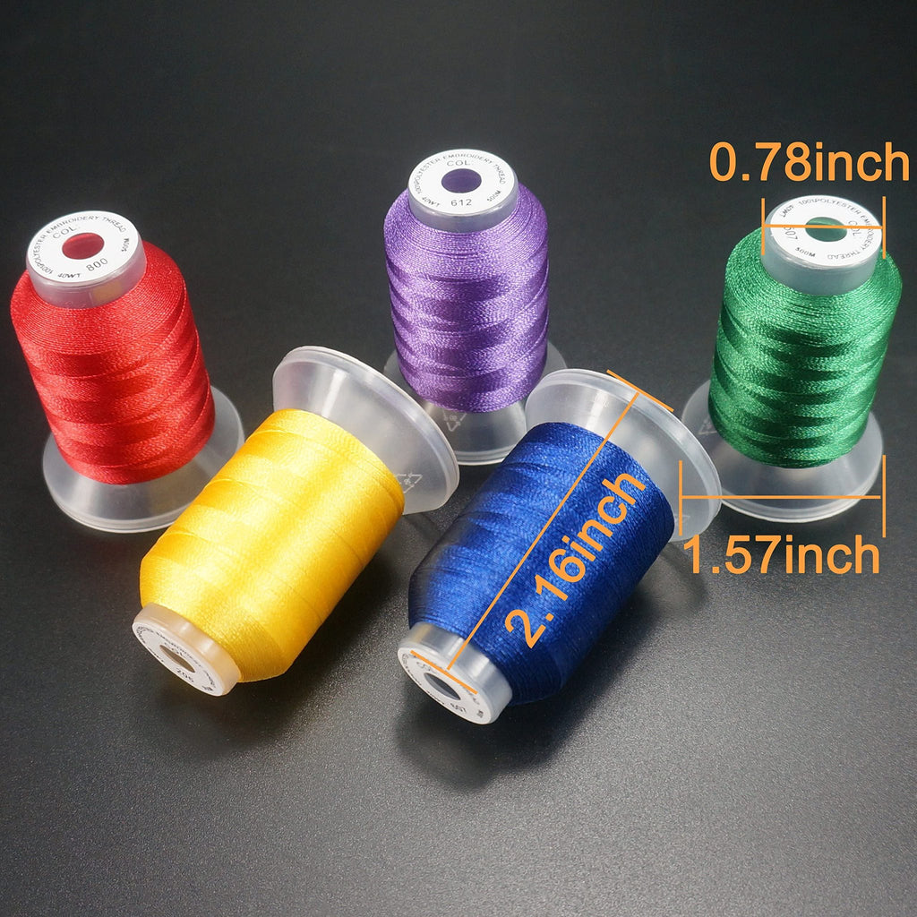 Five spools of colorful embroidery thread (red, yellow, purple, blue, green) arranged on a dark surface, with orange dimension lines indicating measurements.