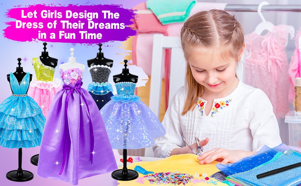 Young girl cutting fabric with scissors next to doll dresses on mannequins, sewing kit supplies scattered on table.