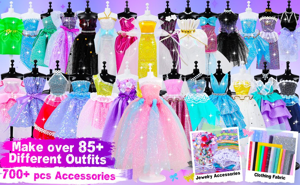 Collection of doll dresses on mannequins, with inset photos of jewelry accessories and clothing fabric.