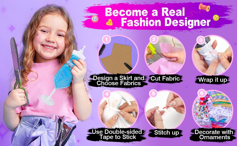 Smiling girl holding scissors and a doll dress form, with a 6-step guide to making doll clothes.