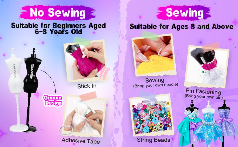 Fashion designer sewing kit with mannequins, fabrics, and embellishments, showing no-sew and sewing methods.