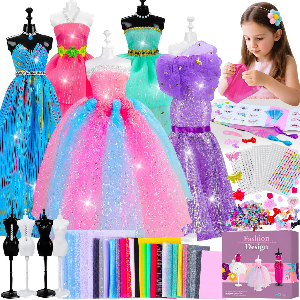 Fashion design sewing kit with mannequins, fabrics, embellishments, and a girl sewing.