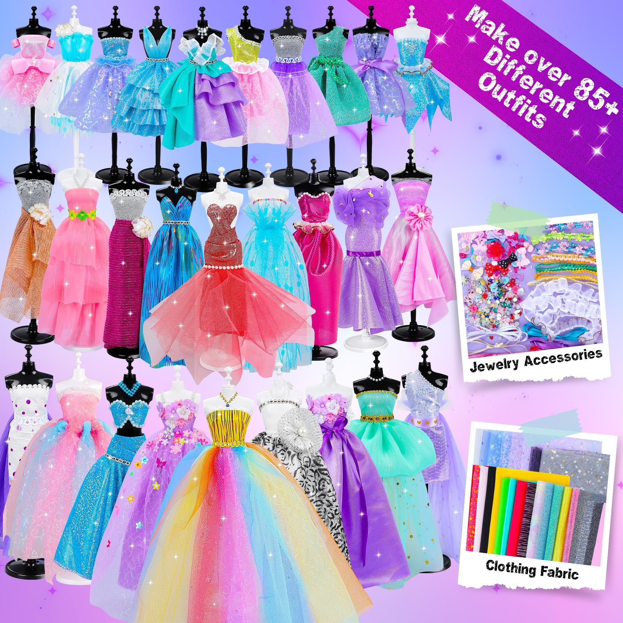Doll dresses and sewing kit accessories displayed on mannequins and in flat lays, with text overlays.
