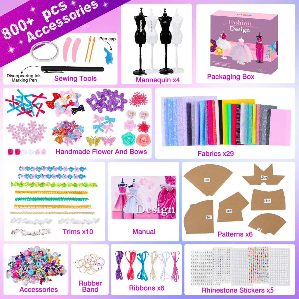 Collage of fashion design sewing kit components including sewing tools, mannequins, fabrics, trims, and embellishments.
