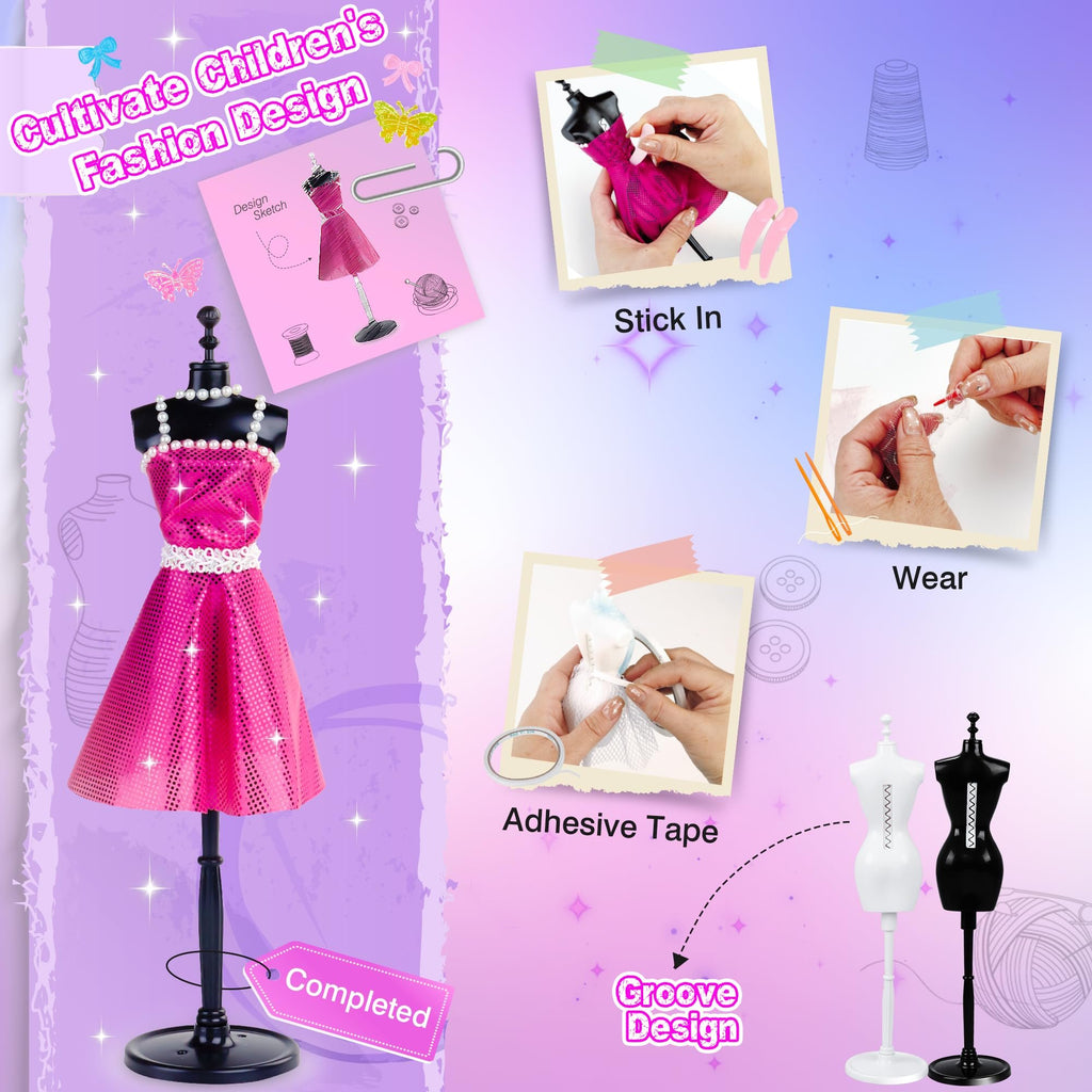 Fashion design kit with mannequins, fabric, and embellishments, showing steps to create doll clothes.