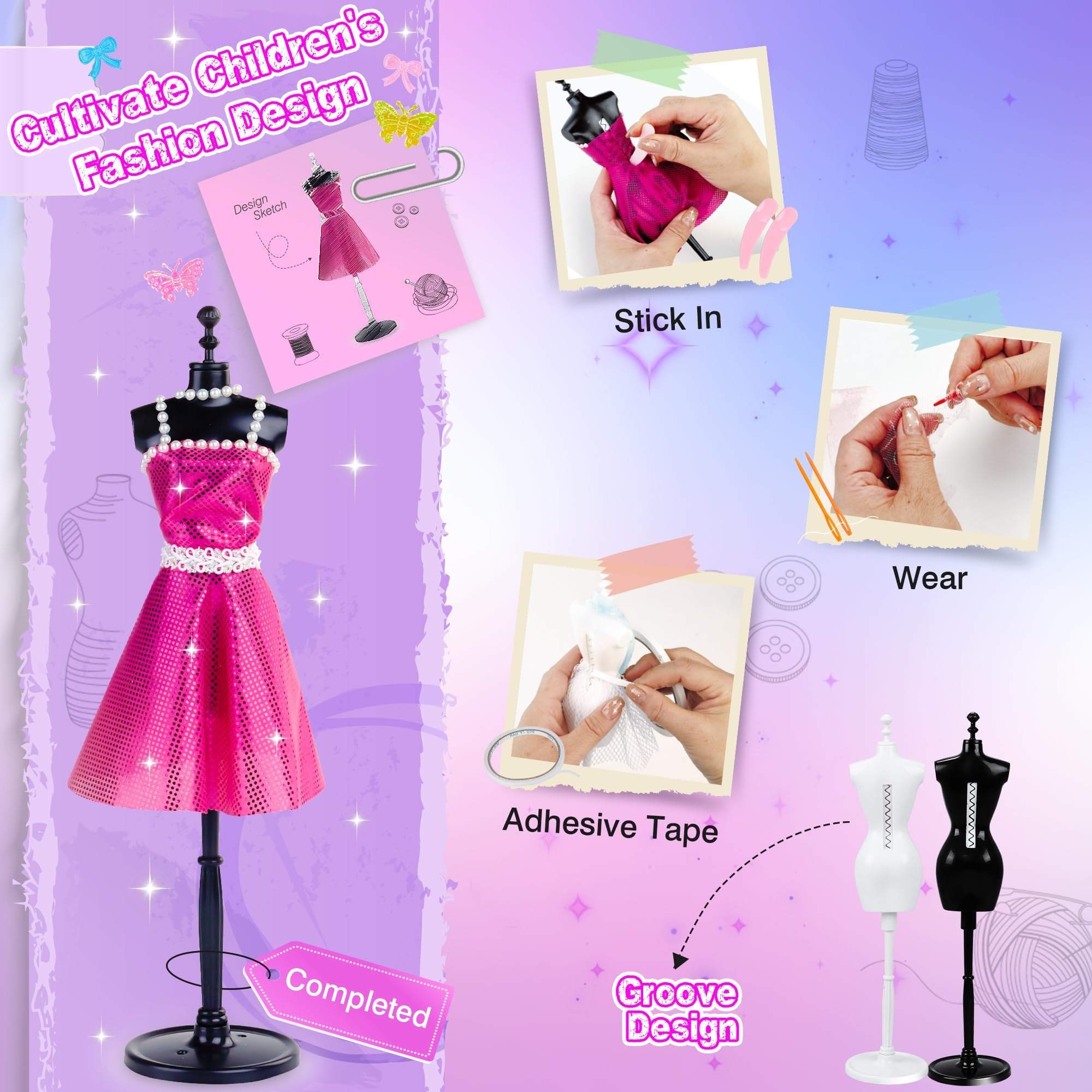 Fashion design kit with mannequins, fabric, and embellishments, showing steps to create doll clothes.
