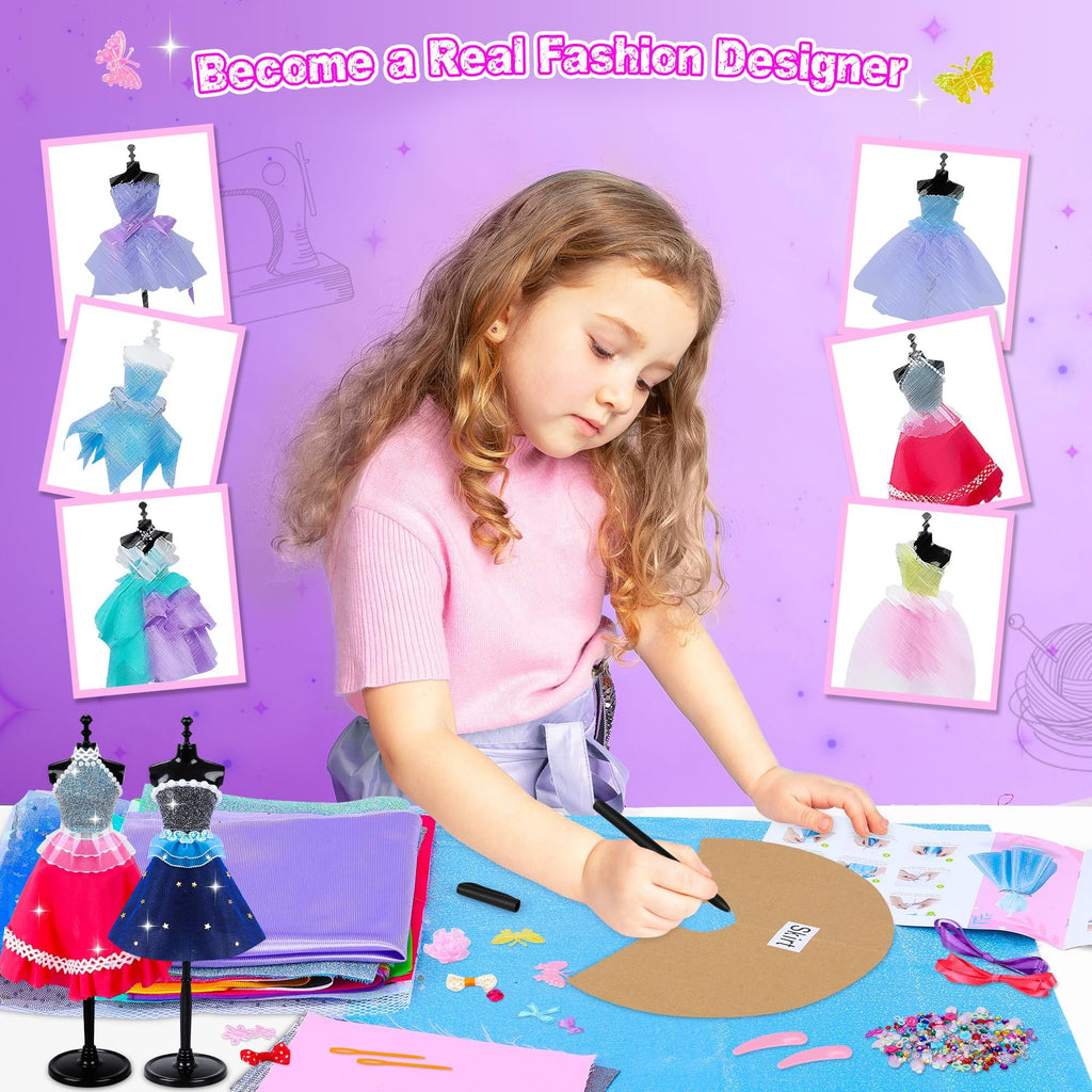 Young girl crafting doll clothes with fabric and embellishments, surrounded by design inspiration.
