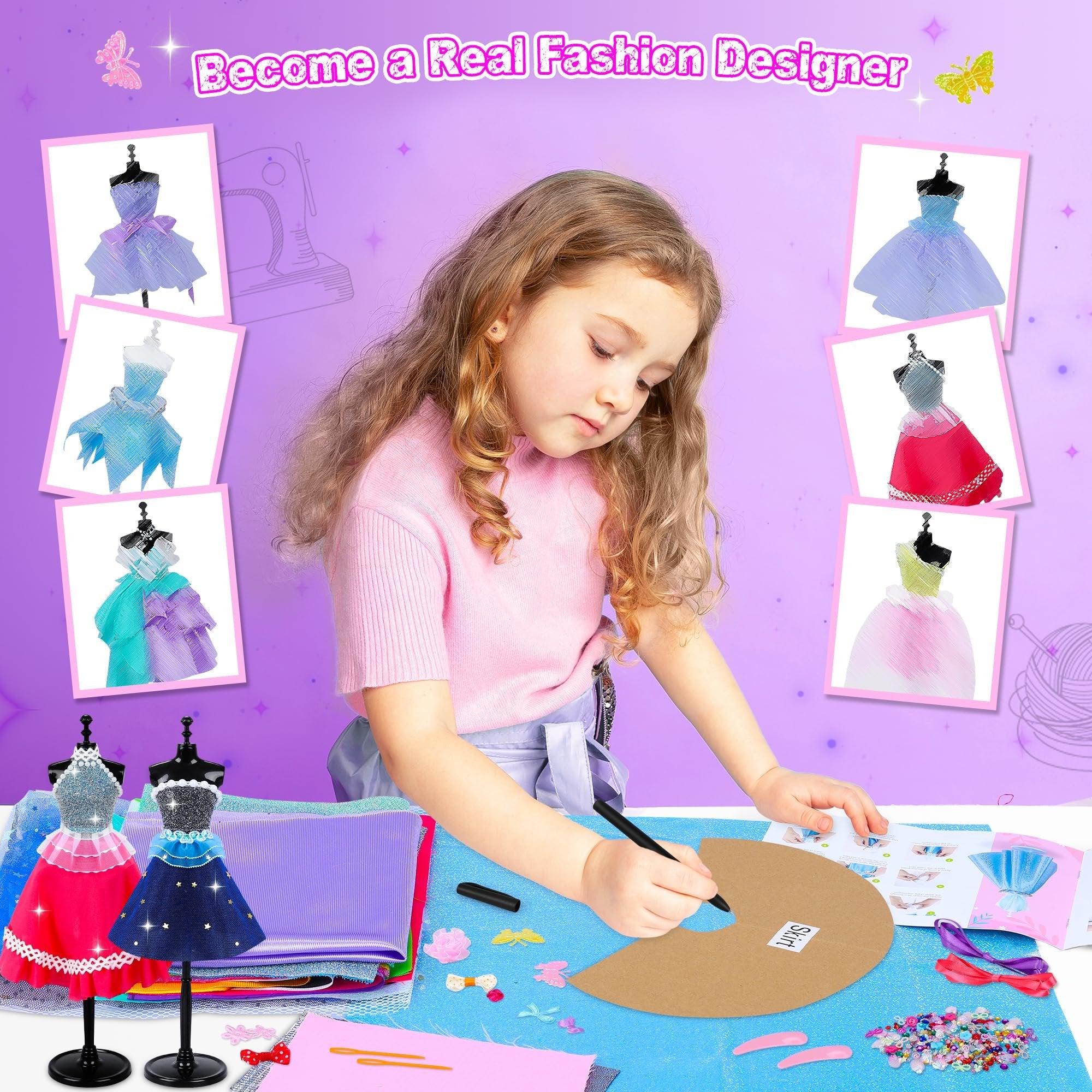 Young girl crafting doll clothes with fabric and embellishments, surrounded by design inspiration.