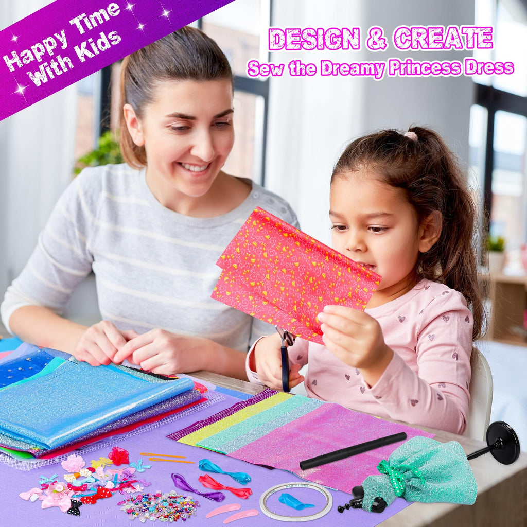 Mother and daughter crafting doll clothes with fabric and embellishments, smiling and focused on the project.