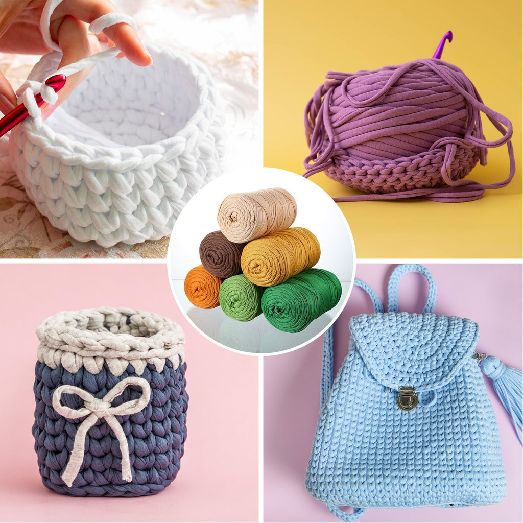 Collage of crocheted items: hands crocheting a white basket, a ball of purple yarn with a crochet hook, a stack of colorful yarn balls, a blue and gray basket with a bow, and a light blue backpack.