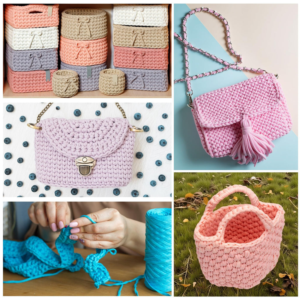 Collage of crocheted items: storage baskets, handbags, and a small basket in grass.