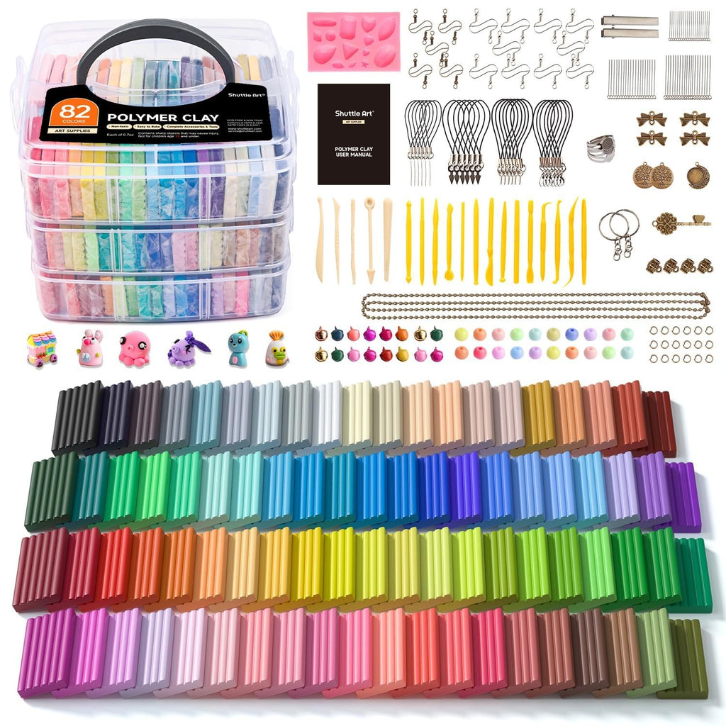 82-color polymer clay kit with sculpting tools and accessories, laid out to show all contents.