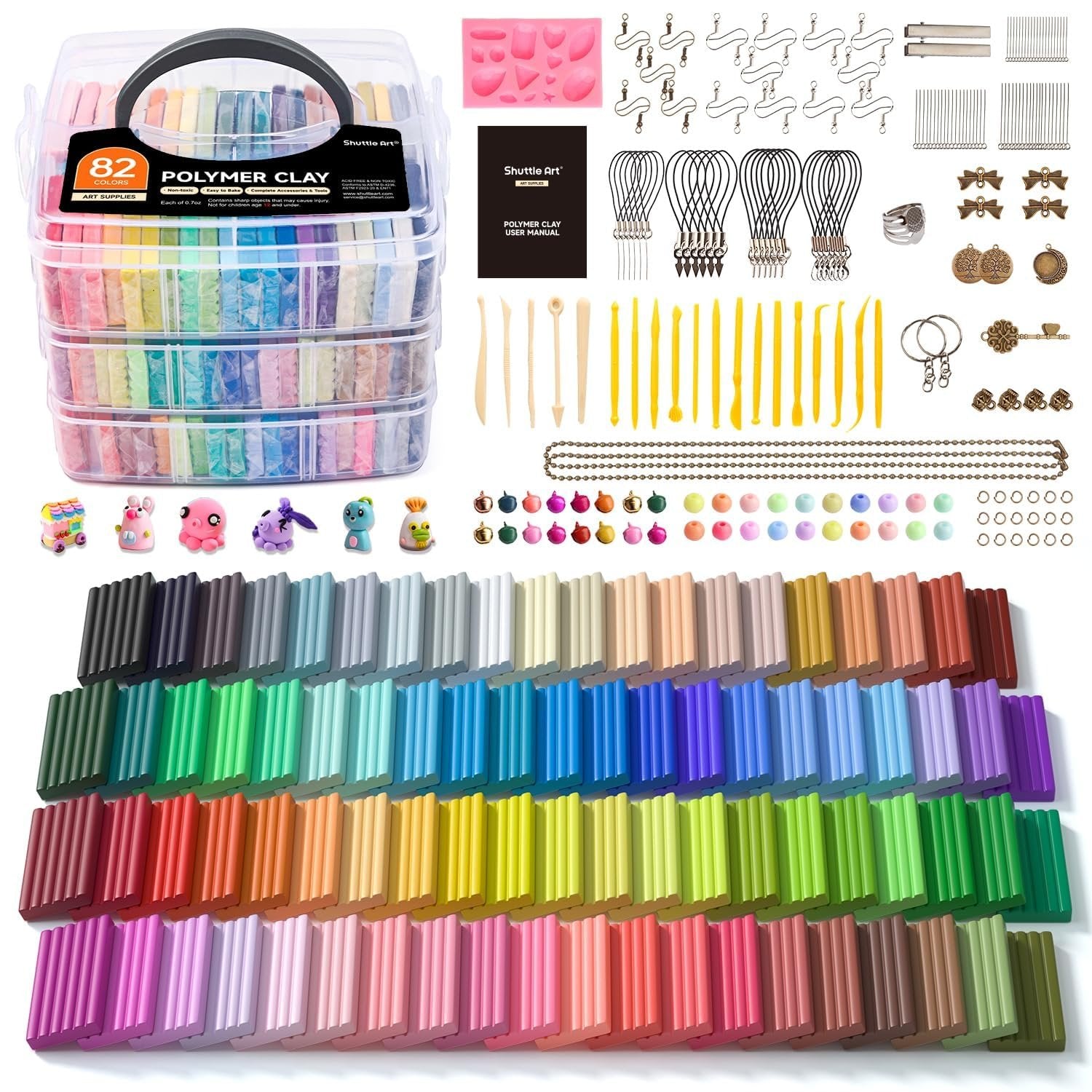 82-color polymer clay kit with sculpting tools and accessories, laid out to show all contents.