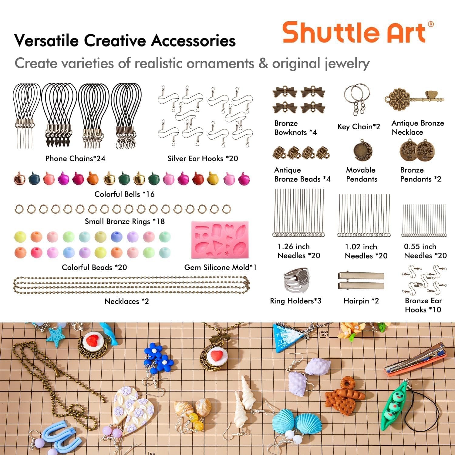 Collection of jewelry making supplies including beads, chains, charms, tools, and findings, arranged on a grid surface.