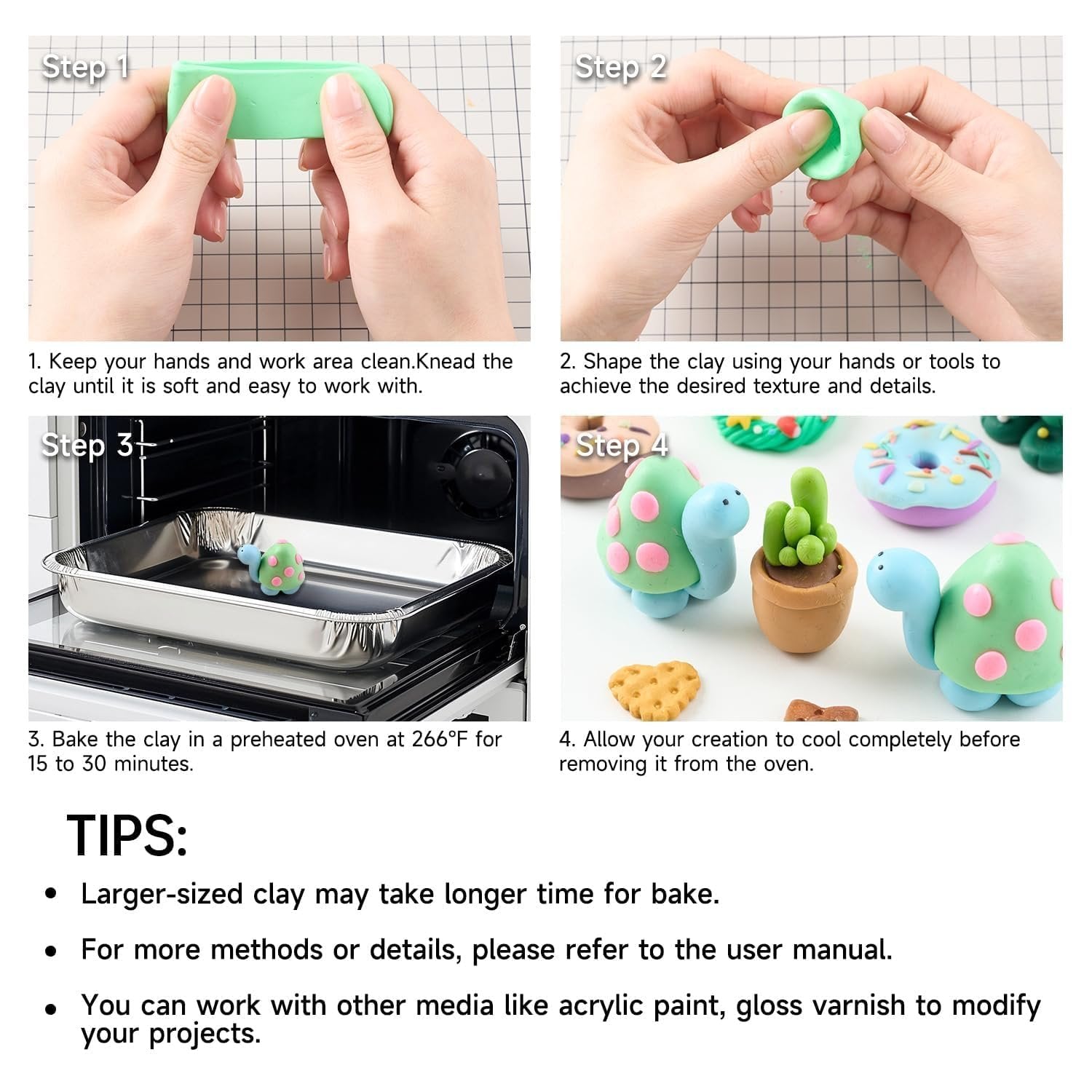 Step-by-step guide for using polymer clay, showing kneading, shaping, baking in an oven, and finished creations.