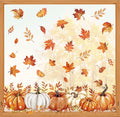 Autumn window clings featuring pumpkins and fall leaves, arranged on a window with a blurred forest background.