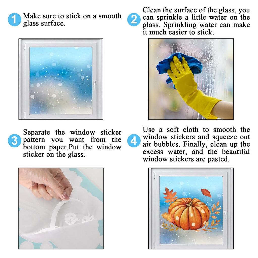 Instructions for applying fall pumpkin window clings, showing steps 1-4 with text and images.