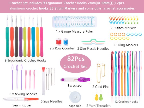 Crochet set contents including ergonomic and aluminum hooks, stitch markers, row counters, needles, scissors, tape measure, and more.