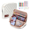 Quilted white crochet hook case open to reveal colorful hooks, accessories, and a phone displaying a person crocheting.