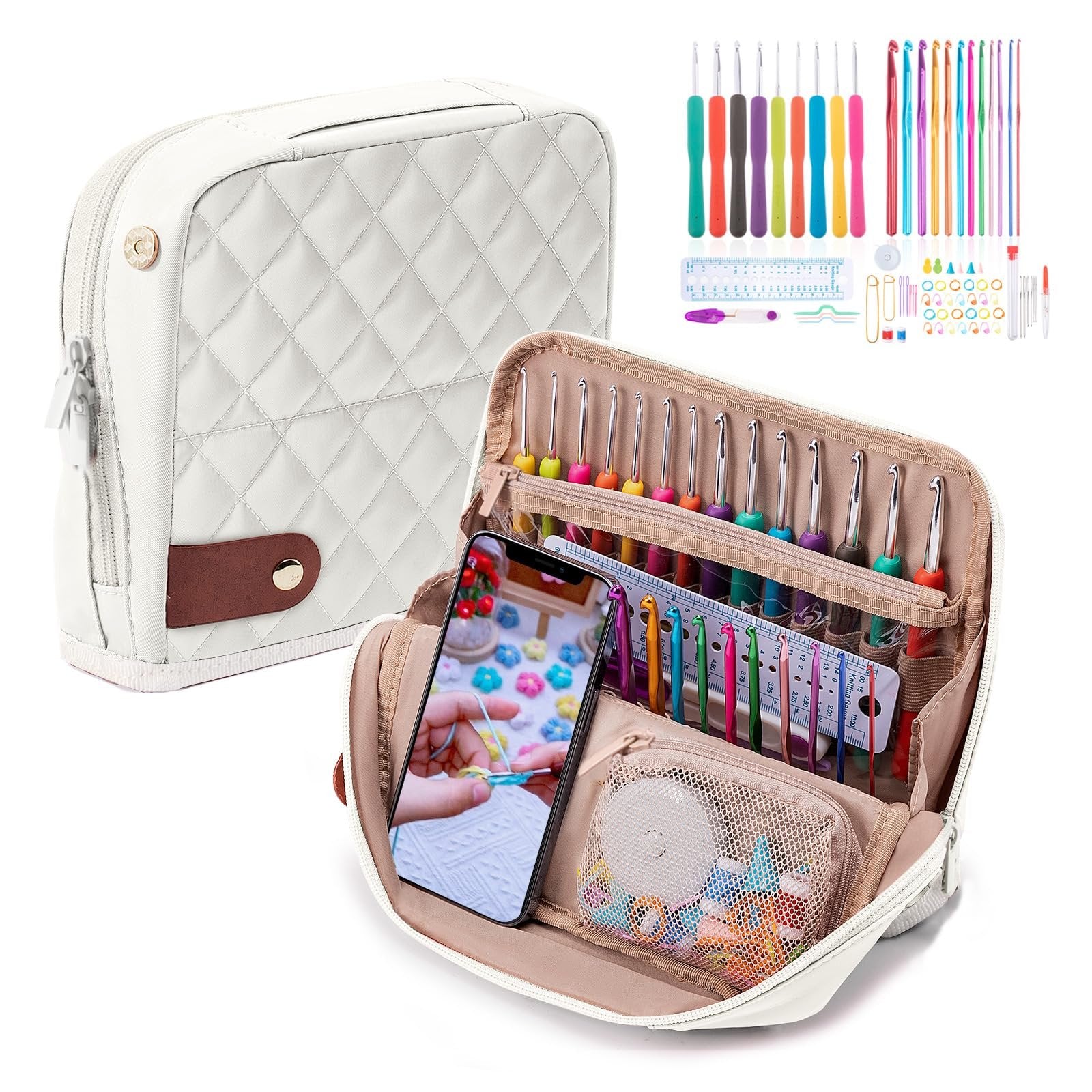 Quilted white crochet hook case open to reveal colorful hooks, accessories, and a phone displaying a person crocheting.