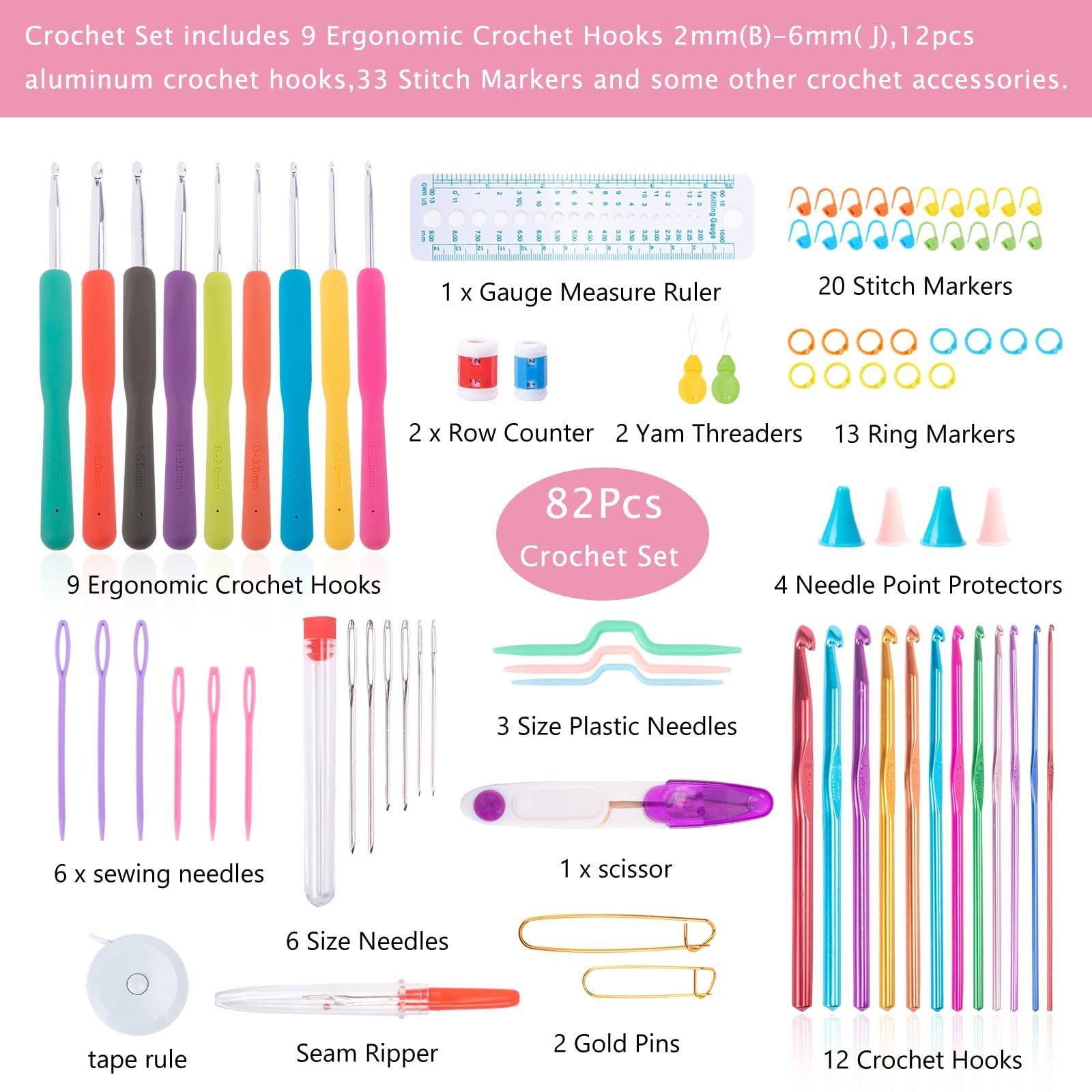 Flat lay of an 82-piece crochet hook set including ergonomic hooks, aluminum hooks, stitch markers, row counters, yarn threaders, ring markers, needles, scissors, seam ripper, tape rule, and point protectors.