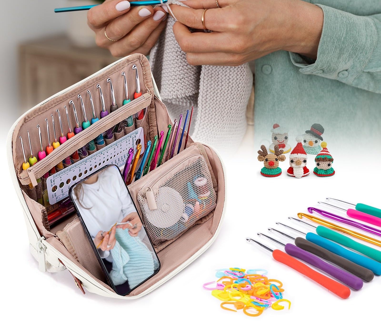 Crochet hook set with case, showing various hooks, accessories, and a phone displaying someone crocheting.