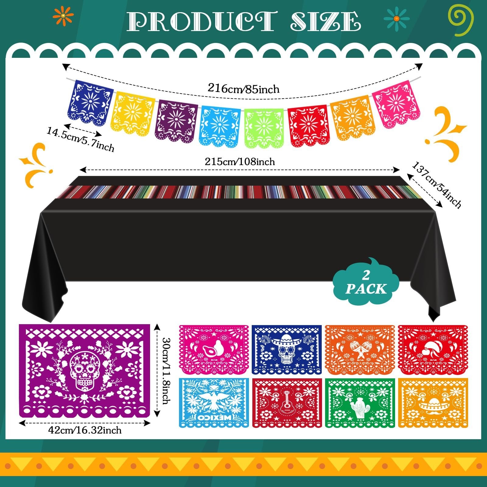 Day of the Dead altar kit product size diagram showing tablecloth and papel picado banners with dimensions.