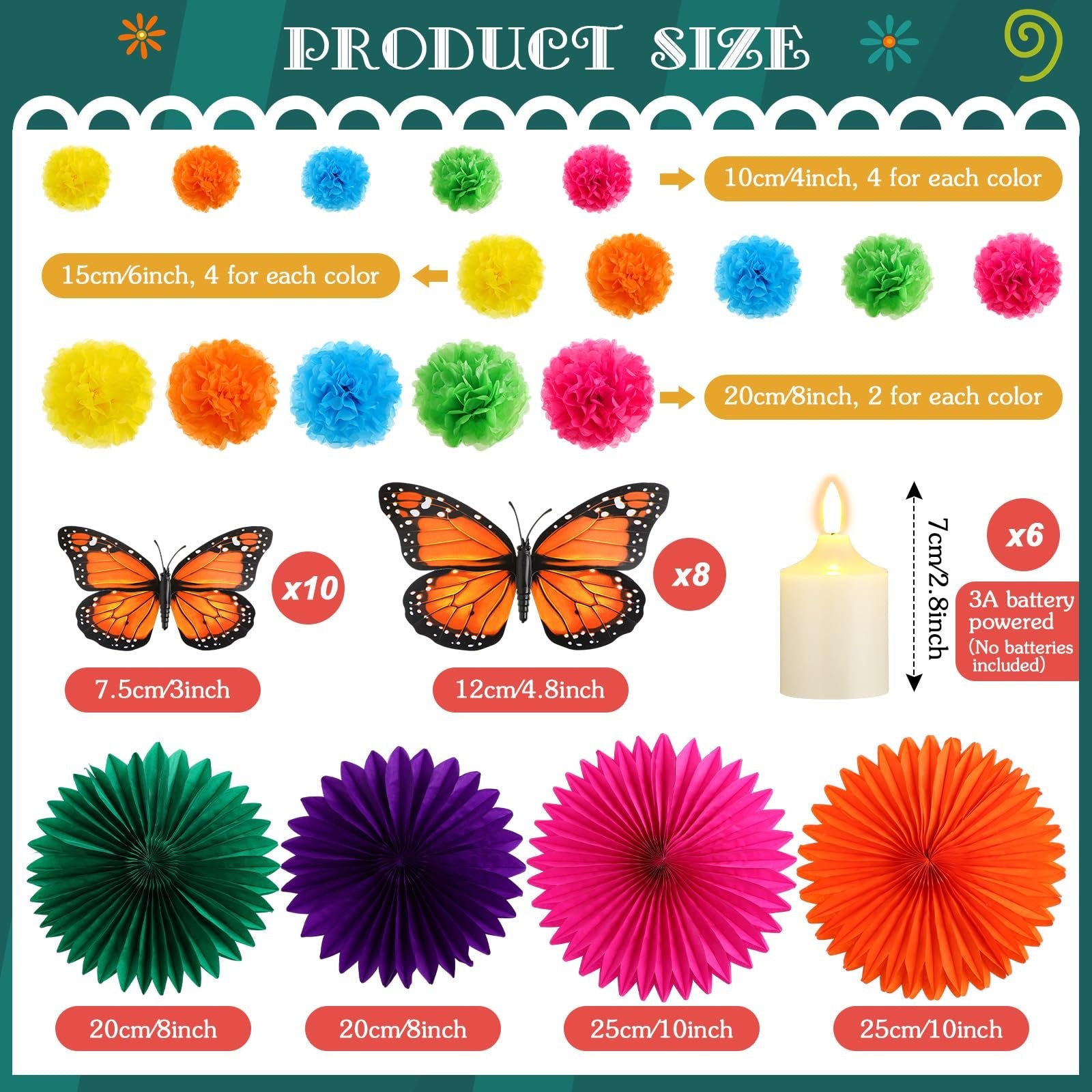 Product size chart showing paper flowers, butterflies, LED candles, and fans with dimensions and quantities.