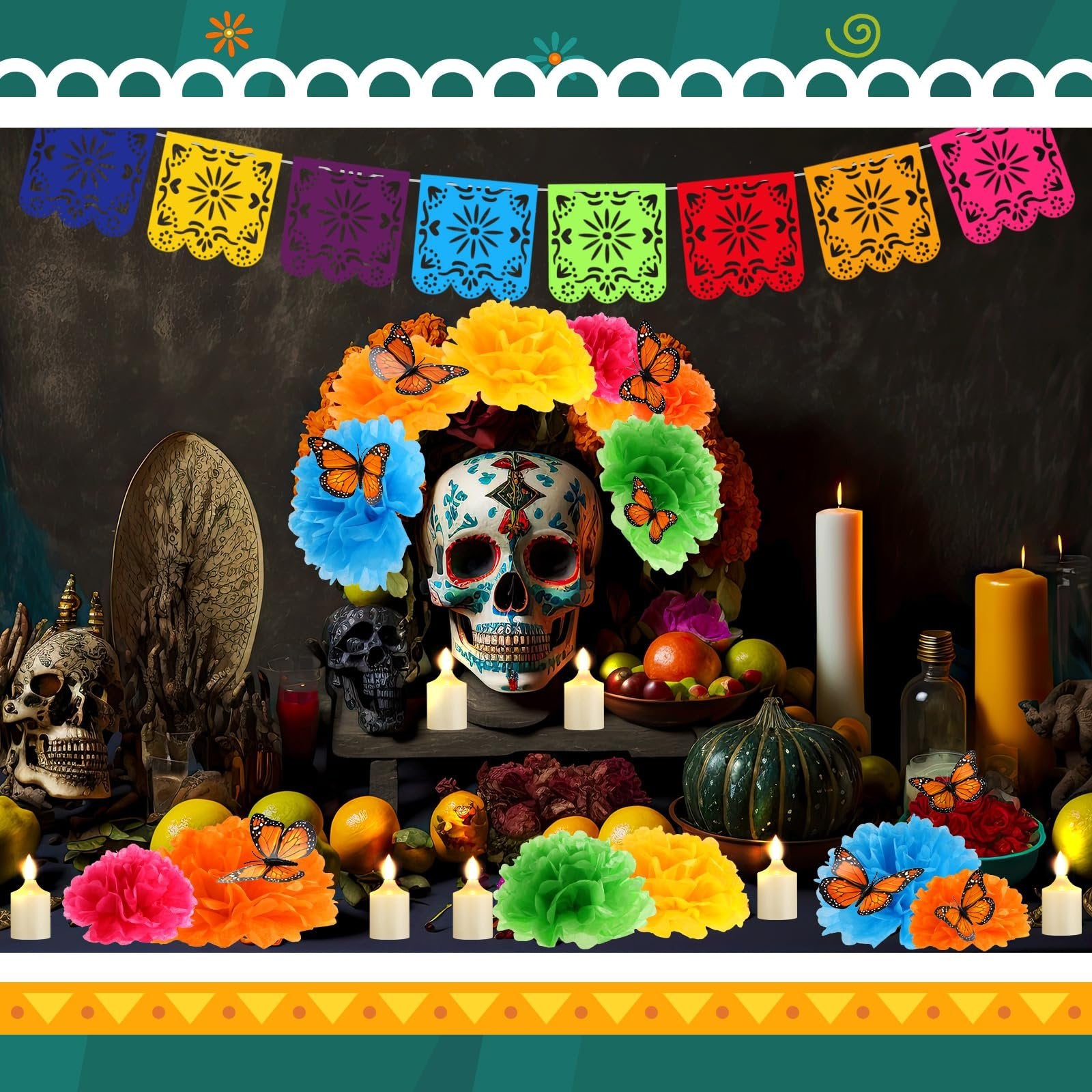Day of the Dead altar setup with decorated skull, paper flowers, butterflies, candles, fruit, and banners