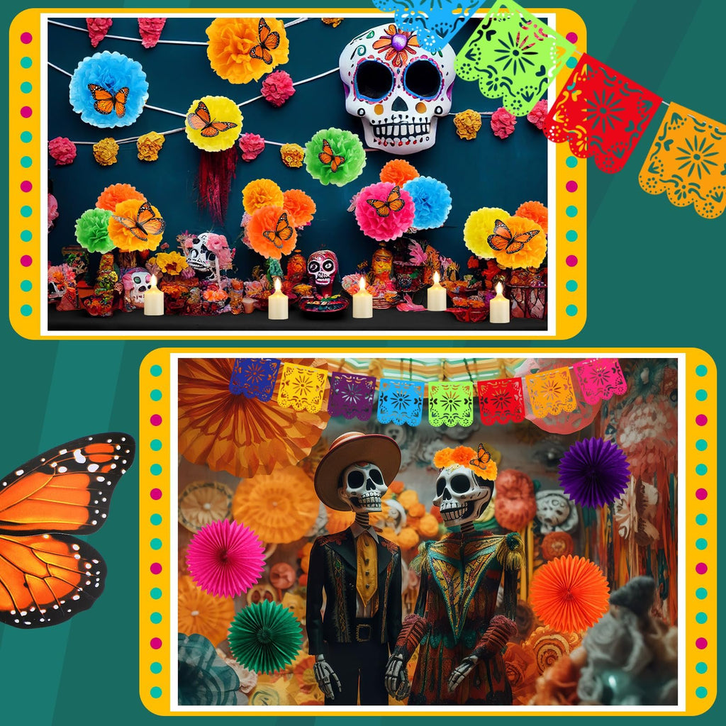Day of the Dead altar decorations with paper flowers, skulls, banners, and skeleton figures.