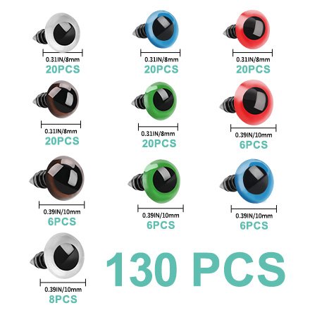 Assortment of safety eyes and noses in various colors and sizes, with dimensions and quantities labeled.