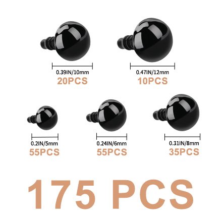 Five different sizes of black safety eyes and noses with measurement and quantity labels.