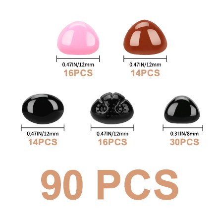 Assortment of safety eyes and noses in pink, brown, and black, with size and quantity labels.