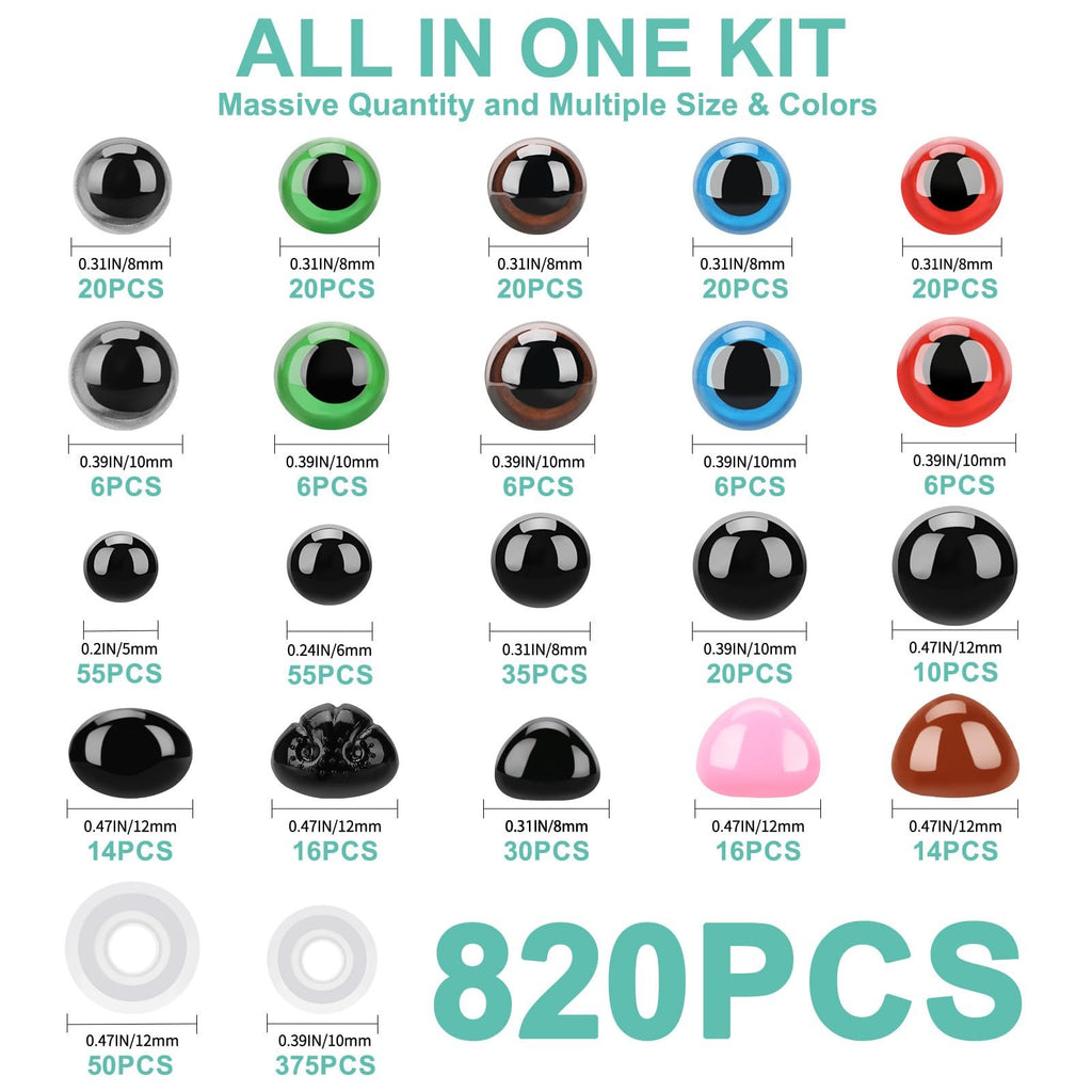 Assortment of safety eyes and noses in various sizes, colors, and shapes, with text detailing dimensions and quantities.