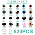 Assortment of safety eyes and noses in various sizes, colors, and shapes, with text detailing dimensions and quantities.