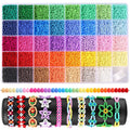 Assortment of 3mm plastic seed beads in 39 colors, organized in a divided storage box, with examples of finished bracelets and beaded strands.