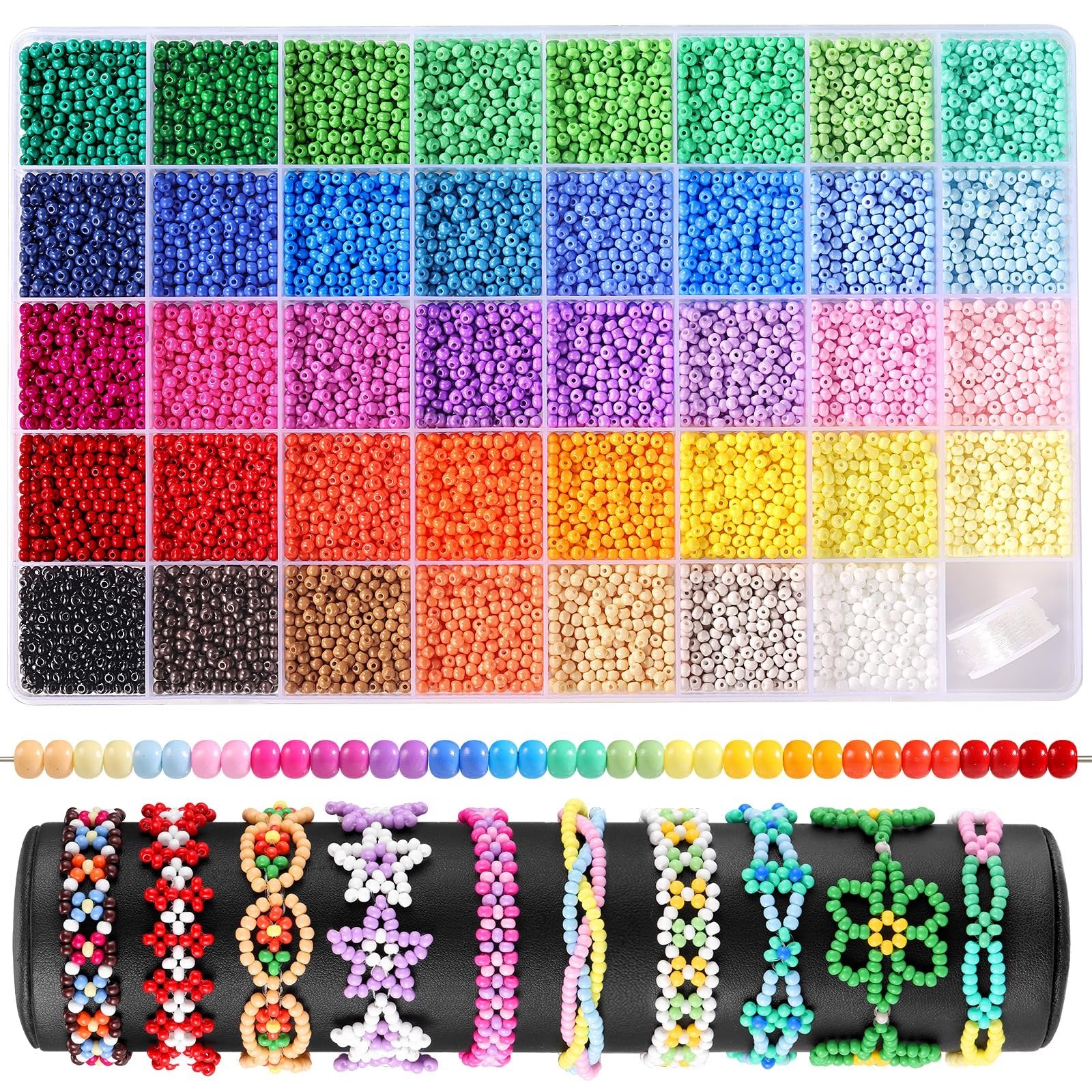 Assortment of 3mm plastic seed beads in 39 colors, organized in a divided storage box, with examples of finished bracelets and beaded strands.