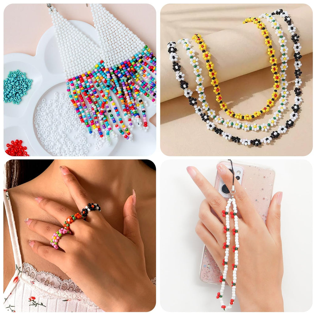 Collage of jewelry making projects: beaded fringe earrings, daisy necklaces, beaded ring, and phone charm.