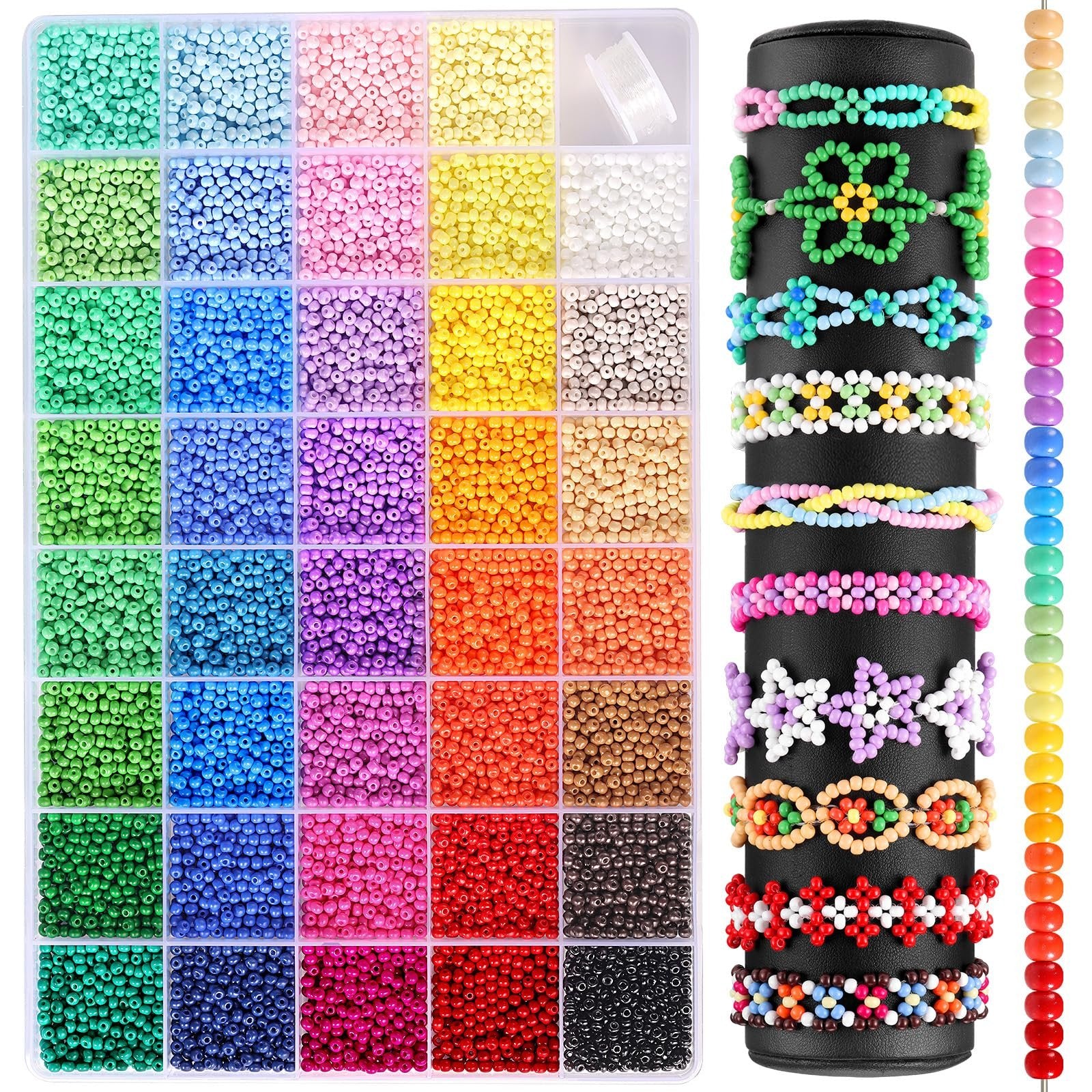 Plastic seed beads in 39 colors with elastic string and examples of bracelets made from the beads.