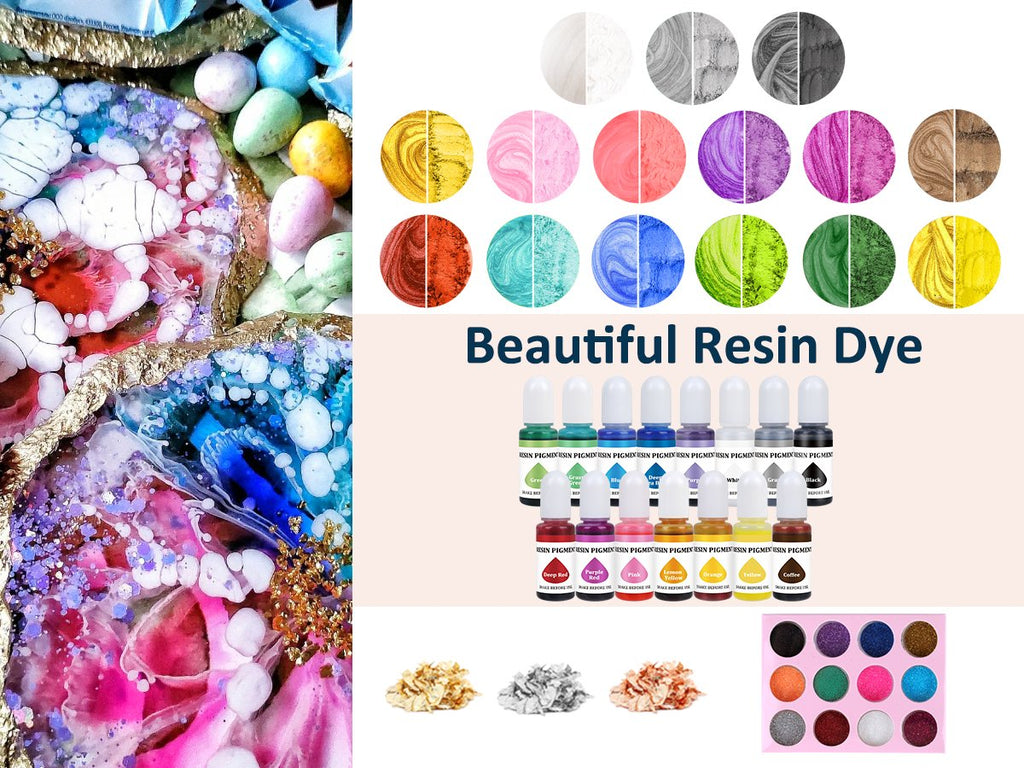 Colorful resin art with pigments, mica powders, glitter, and tools displayed.