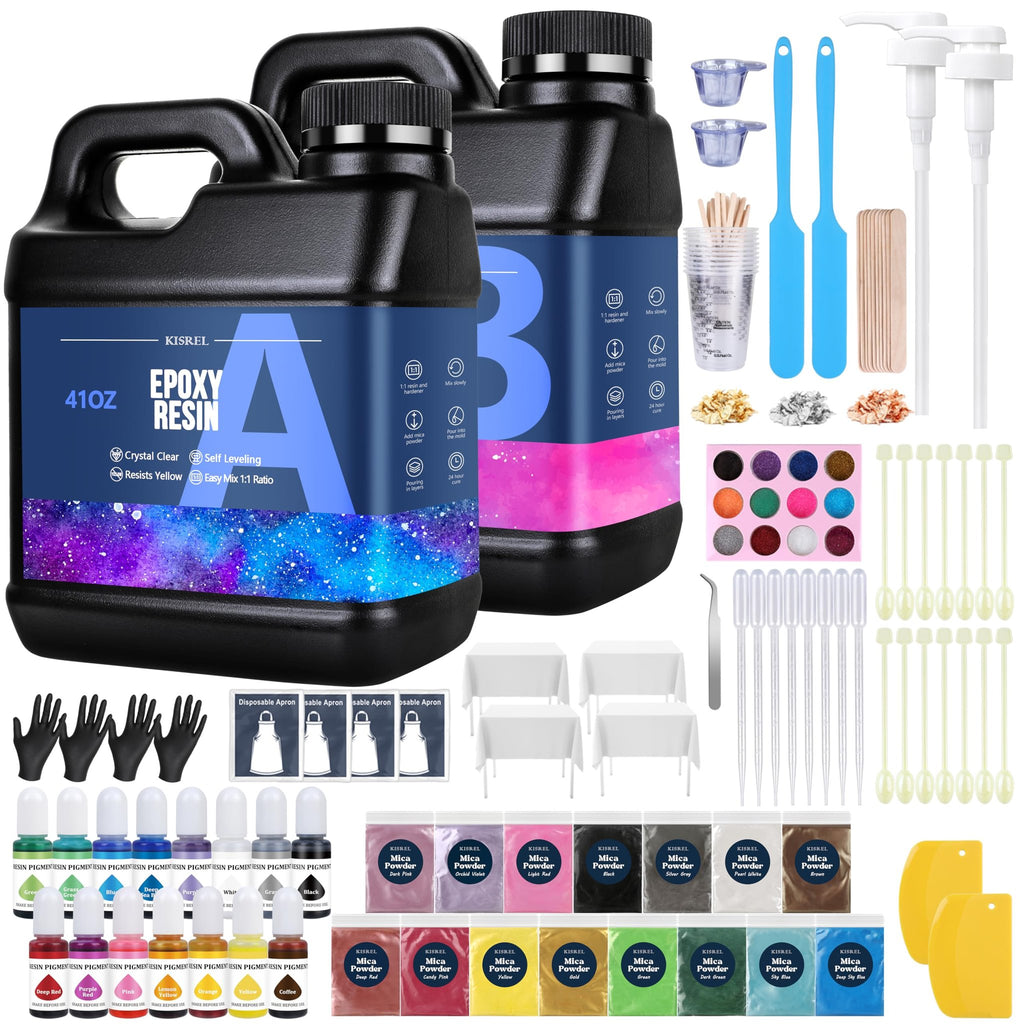 Epoxy resin kit with two large bottles, 15 pigment bottles, 15 mica powders, glitter, gloves, aprons, measuring cups, stir sticks, and spatulas.