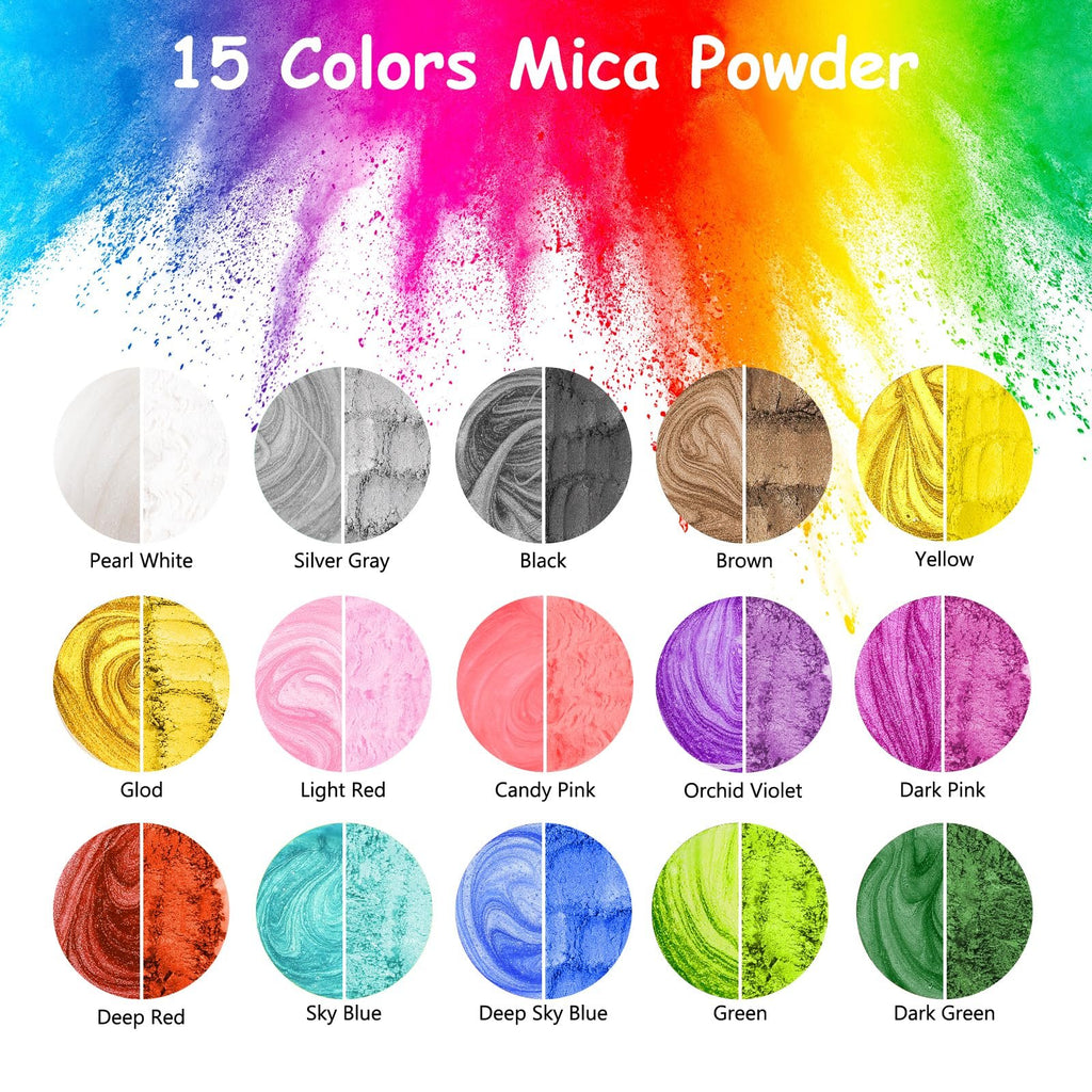 15 colors of mica powder displayed in circular swatches with color names below, set against a vibrant rainbow powder explosion background.