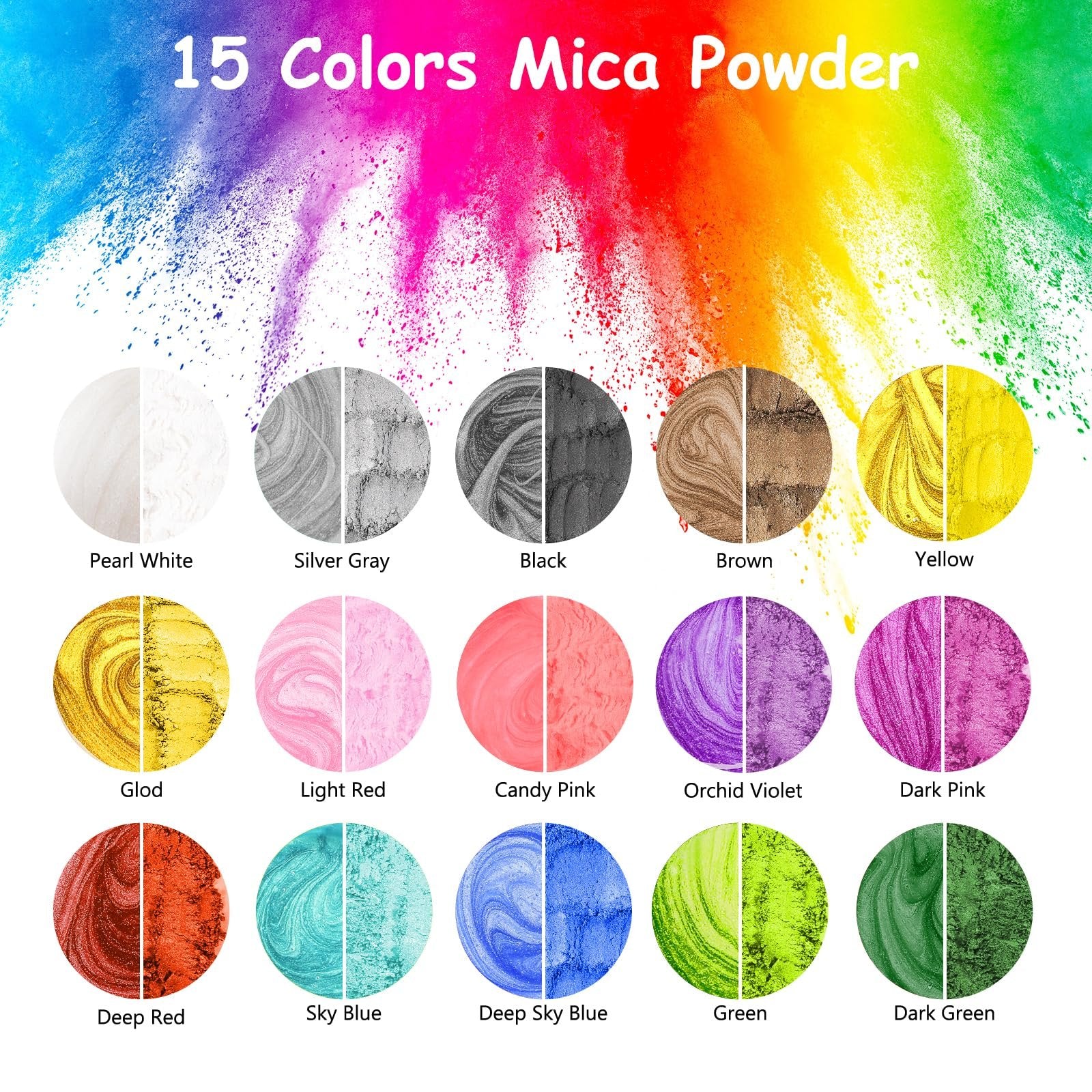 15 colors of mica powder displayed in circular swatches with color names below, set against a vibrant rainbow powder explosion background.