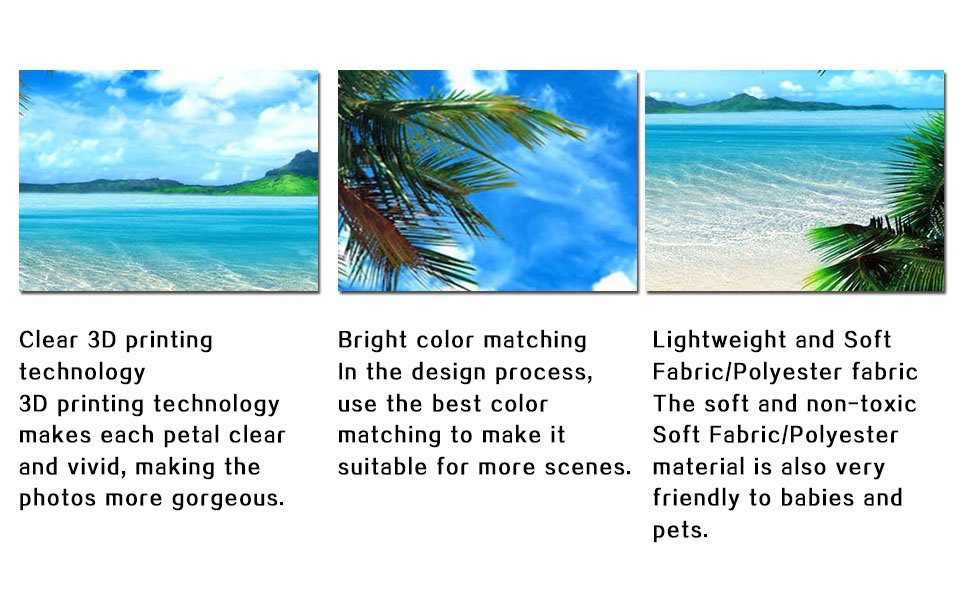 Three tropical beach scenes with palm trees and clear blue water, with accompanying text descriptions of product features.