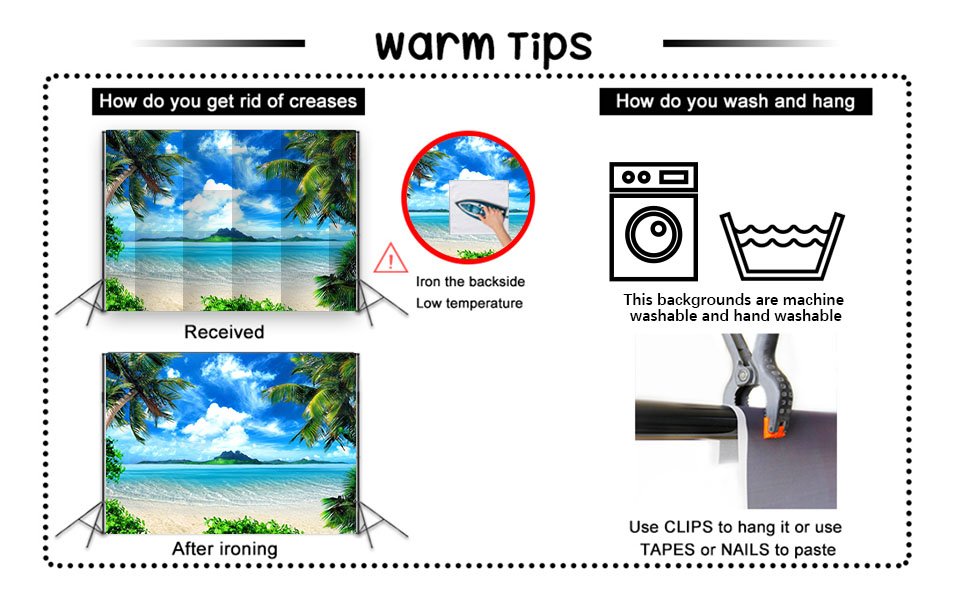 Tropical beach backdrop showing palm trees, ocean, and sky, with instructions on ironing and hanging.