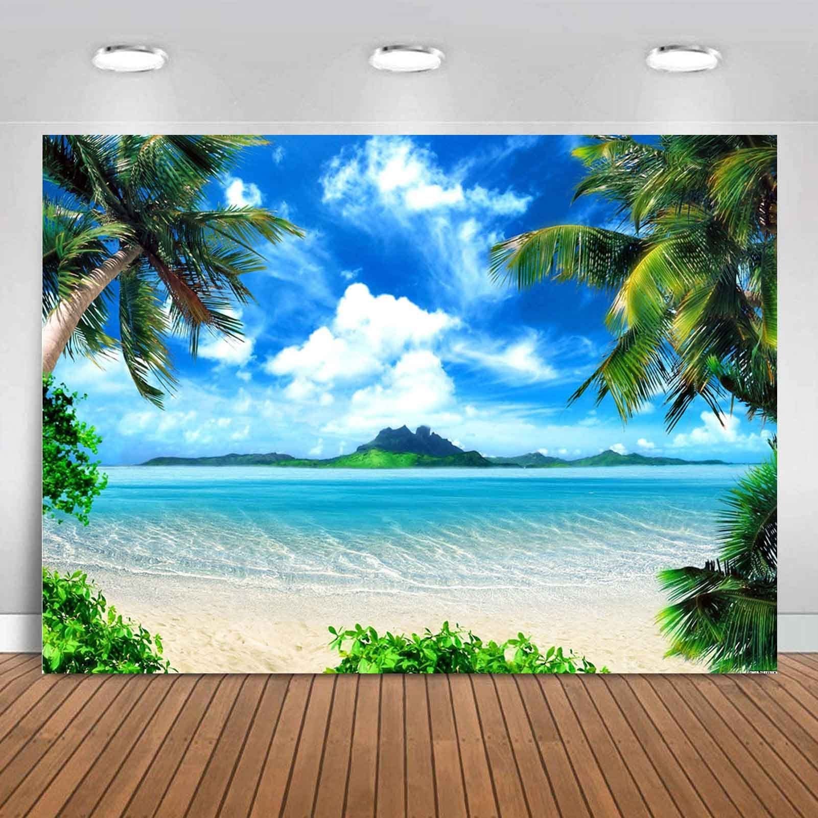 Tropical beach scene with palm trees, white sand, clear turquoise water, and a distant island under a blue sky with clouds.